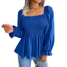 Women's Casual Ruffled Square Neck Long Sleeve Chiffon-Blue M