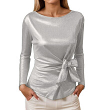 Women's Sparkly Tops Elegant Round Neck Long Sleeve-Silver M