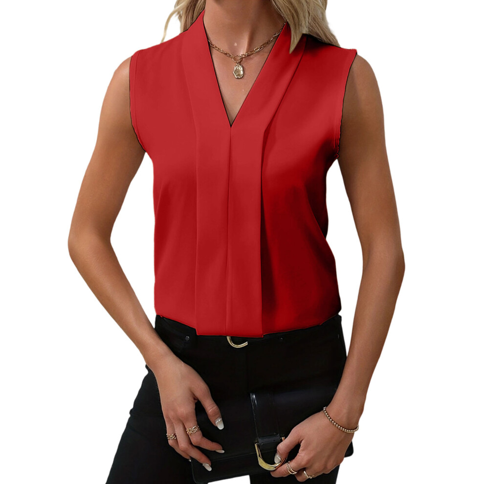 Red Women's Elegant V Neck Pleated Sleeveless Blouse Work- L