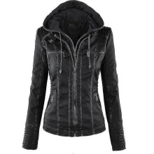 (2XL, Black) Women Motorcycle Hooded Pu Leather Biker Jacket Coat Outerwear