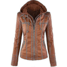 (XL, Brown) Women Motorcycle Hooded Pu Leather Biker Jacket Coat Outerwear