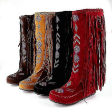 (34, yellow) Ethnic Style Retro Fringed Boots Women's Autumn and Winter Flat Bottom Increased Inside Mid-calf