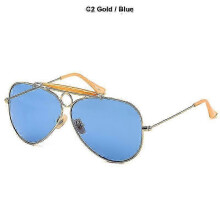(C2 Gold Blue) New Fashion 3138 Shooter Style Vintage Aviation Sunglasses Metal Circle Brand Design Sun Glasses Oculos De Sol With Hood