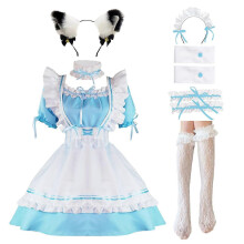 (L, Blue) Maid Outfit Anime Cosplay Lolita Maid Dress French Maid Costume Plush cat ear Socks set