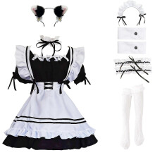 (4XL, Black White) Maid Outfit Anime Cosplay Lolita Maid Dress French Maid Costume Plush cat ear Socks set