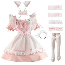(M, Pink) Maid Outfit Anime Cosplay Lolita Maid Dress French Maid Costume Plush cat ear Socks set