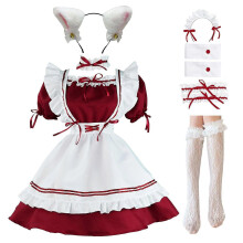 (L, Red) Maid Outfit Anime Cosplay Lolita Maid Dress French Maid Costume Plush cat ear Socks set