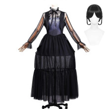 (Adult XS, With wig) Wednesday Season 2 Cosplay Costume Black Dress Halloween Carnival Party Fancy Dress for Womens