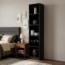 (Black) Tall & Slim 5-Tier Wooden Bookcase