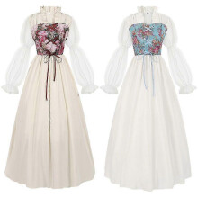 (2XL, White) Court Style Retro Floral Maxi Dress Medieval Victorian Era Clothing