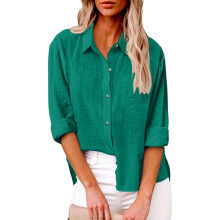 Womens Cotton Linen Button Down Shirt-Green M