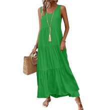 Women Casual Sleeveless V-neck Flowy Tiered Maxi-Green XXL