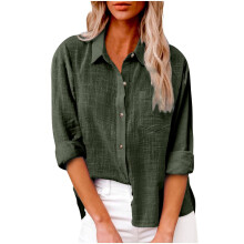 Womens Cotton Linen Button Down Shirt-Army Green S