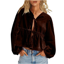 Women's Flowy Puff Sleeve  Top, V-neck, Bow Front,-coffee S