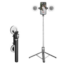 (Black) R17ds 1.75m Portable Bluetooth Selfie Stick Retractable Tripod Phone Stand With Dual Fill Lights 360