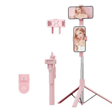 (Dual Phone Clip, Pink) K50 1.9m Extendable Live Streaming Tripod Dual Phone Clip Bluetooth Selfie Stick