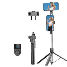 (K50 Dual Phone Clip, Black) K50 1.9m Extendable Live Streaming Tripod Dual Phone Clip Bluetooth Selfie Stick
