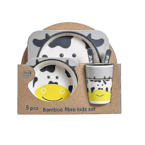 (Black cow) Five-piece Bamboo Fiber Children's Tableware Animals Pattern Kid Sets 1