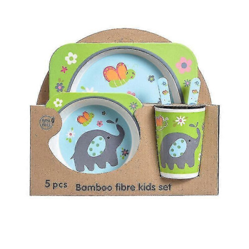 (Little elephant) Five-piece Bamboo Fiber Children's Tableware Animals Pattern Kid Sets 1