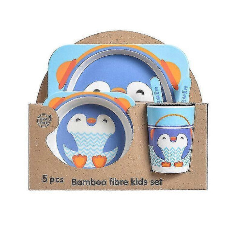 (Little penguin) Five-piece Bamboo Fiber Children's Tableware Animals Pattern Kid Sets 1