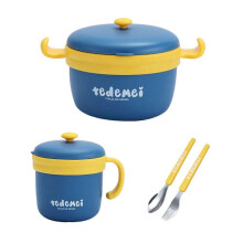 Kids Tableware Nonslip Stainless Steel Material Children Tableware Set Cartoon Design Detachable Complementary Food Bowl blue