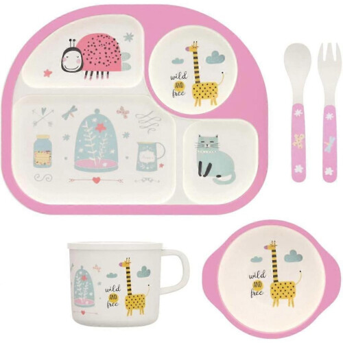 Kids Bamboo Cutlery 5-Piece Eco-Friendly Tableware Set - Plate, Bowl, Cup, Spoon, Fork