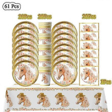 (BPZZ-61pcs) 20People Horse Birthday Decorations Disposable Tableware Set Paper Plates Banner Tablecloth Balloon Kids Party Supplies