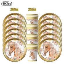 (BP-40pcs) 20People Horse Birthday Decorations Disposable Tableware Set Paper Plates Banner Tablecloth Balloon Kids Party Supplies