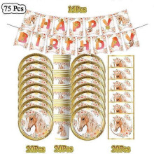 (BPLZ-75pcs) 20People Horse Birthday Decorations Disposable Tableware Set Paper Plates Banner Tablecloth Balloon Kids Party Supplies