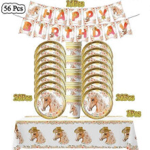 (BPLZ-56pcs) 20People Horse Birthday Decorations Disposable Tableware Set Paper Plates Banner Tablecloth Balloon Kids Party Supplies