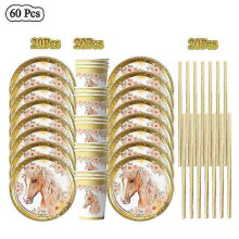 (BPX-60pcs) 20People Horse Birthday Decorations Disposable Tableware Set Paper Plates Banner Tablecloth Balloon Kids Party Supplies