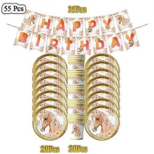 (BPL-55pcs) 20People Horse Birthday Decorations Disposable Tableware Set Paper Plates Banner Tablecloth Balloon Kids Party Supplies