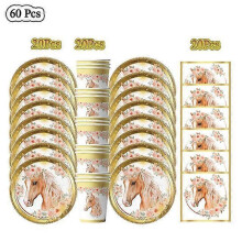 (BPZ-60pcs) 20People Horse Birthday Decorations Disposable Tableware Set Paper Plates Banner Tablecloth Balloon Kids Party Supplies