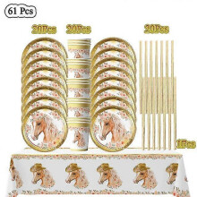 (BPXZ-61pcs) 20People Horse Birthday Decorations Disposable Tableware Set Paper Plates Banner Tablecloth Balloon Kids Party Supplies