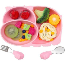 Baby Suction Plate Silicone Tableware Bebe Silicone Placemat with Spoons Forks Bpa Free Suction Plate for Dishwasher And Micro Nndes (pink)