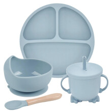 (12) 4 Pcs Baby Silicone Divided Dinner Plate Suction Bowl Spoon Straw Cup Set Training Feeding Food Utensil Dishes Tableware Kit for Newborn Toddlers