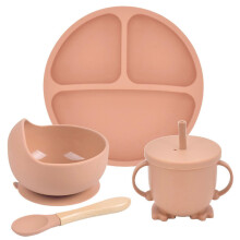 (13) 4 Pcs Baby Silicone Divided Dinner Plate Suction Bowl Spoon Straw Cup Set Training Feeding Food Utensil Dishes Tableware Kit for Newborn Toddlers