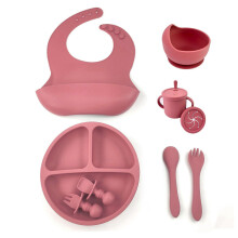 Silicone baby feeding 8-piece food supplement bowl with suction cup, dinner plate, bib, fork spoon, Snack Cup