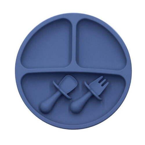 (Er) 3Pcs/set Bpa Free Baby Silicone Tableware Solid Color Dinner Plate Training Fork And Spoon For Children 97bc