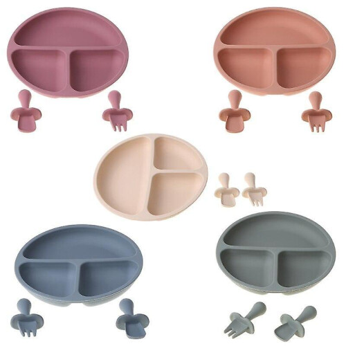 (Dr) 3Pcs/set Bpa Free Baby Silicone Tableware Solid Color Dinner Plate Training Fork And Spoon For Children 97bc 1