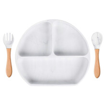 (Y1) Baby Food Grade Silicone Feeding Plate with Matching Wooden Handle Spoon Fork