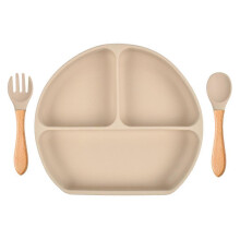 (Y24) Baby Food Grade Silicone Feeding Plate with Matching Wooden Handle Spoon Fork