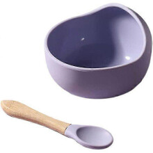 Baby Food Bowl Baby Bowl Spoon Set Children Feeding Tableware Training Eating Bowl Silicone Baby Supplies-Baby Bowl Purple Bamboo Handle Spoon