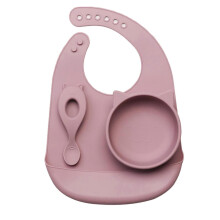 (Purple cat) Silicone Bib Bowl Spoon Waterproof Infant Bibs Fashionable Baby Newborn Feeding Eating Supplies Toddle Adjustable Saliva