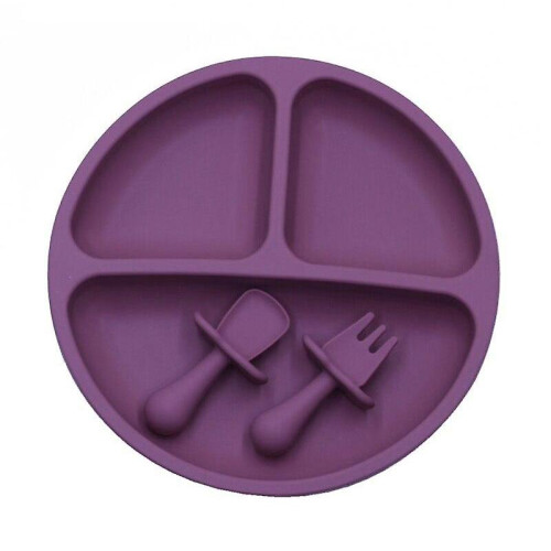 (Dr) 3Pcs/set Bpa Free Baby Silicone Tableware Solid Color Dinner Plate Training Fork And Spoon For Children 97bc