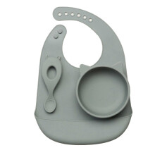 (Green cat) Silicone Bib Bowl Spoon Waterproof Infant Bibs Fashionable Baby Newborn Feeding Eating Supplies Toddle Adjustable Saliva