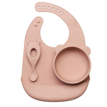 (Pink panda) Silicone Bib Bowl Spoon Waterproof Infant Bibs Fashionable Baby Newborn Feeding Eating Supplies Toddle Adjustable Saliva