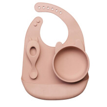 (Pink rabbit) Silicone Bib Bowl Spoon Waterproof Infant Bibs Fashionable Baby Newborn Feeding Eating Supplies Toddle Adjustable Saliva