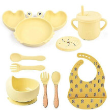 (Y11) 9pcs Baby Silicone Non-slip Suction Bowl Plate Spoon Waterproof Bib Cup Set Baby Crab Dishes Food Feeding Bowl For Kids Bp