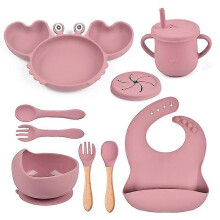 (Y19) 9pcs Baby Silicone Non-slip Suction Bowl Plate Spoon Waterproof Bib Cup Set Baby Crab Dishes Food Feeding Bowl For Kids Bp